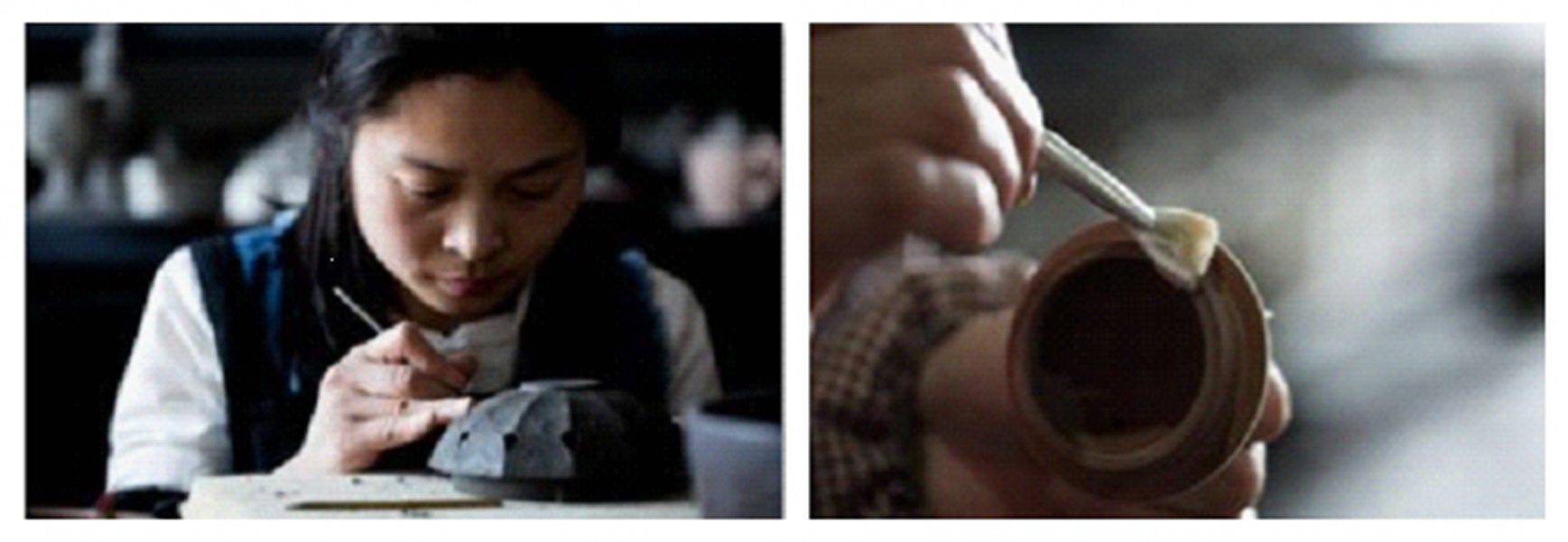 大宋定窯的手工匠人正在為定瓷茶器刻花、上釉